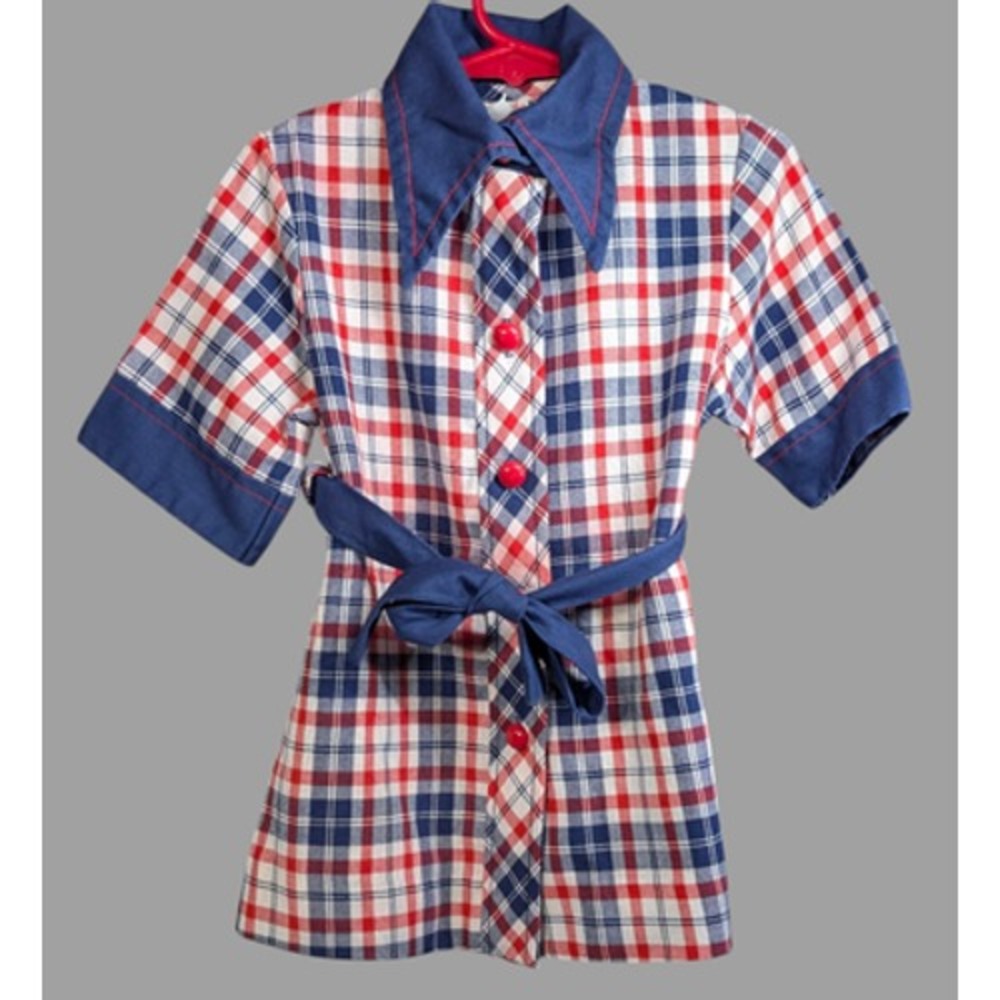 Vintage Girls Shirt Dress Oversized Little Stars Tartan Plaid Belt USA 90s SZ 4